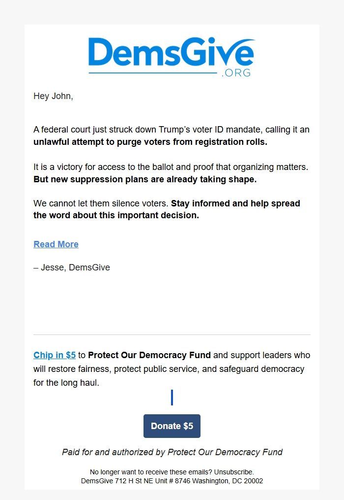 Screenshot of the email generated on import