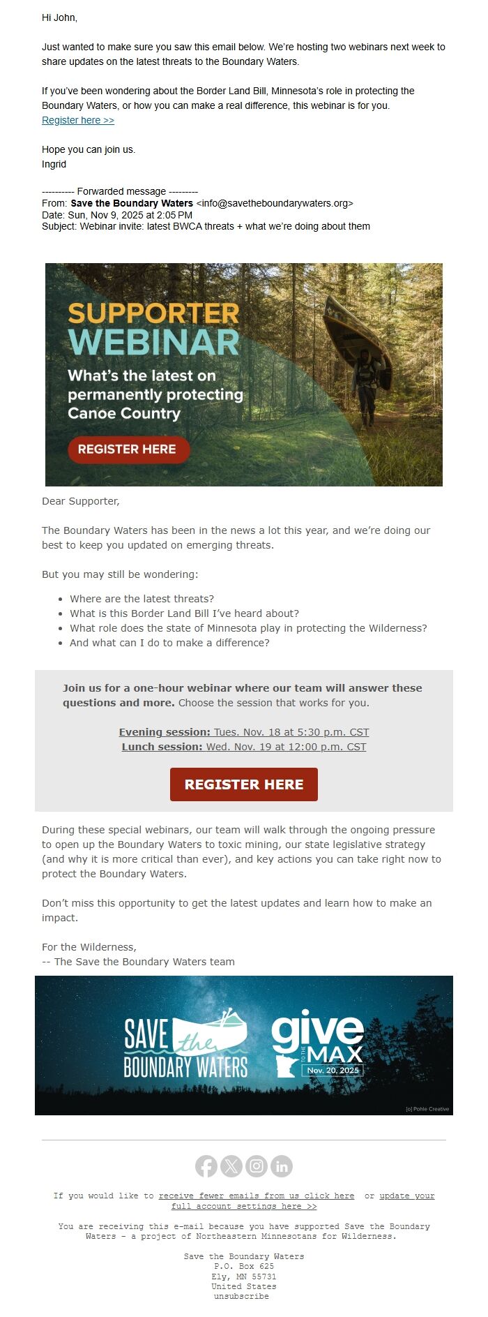 Screenshot of the email generated on import