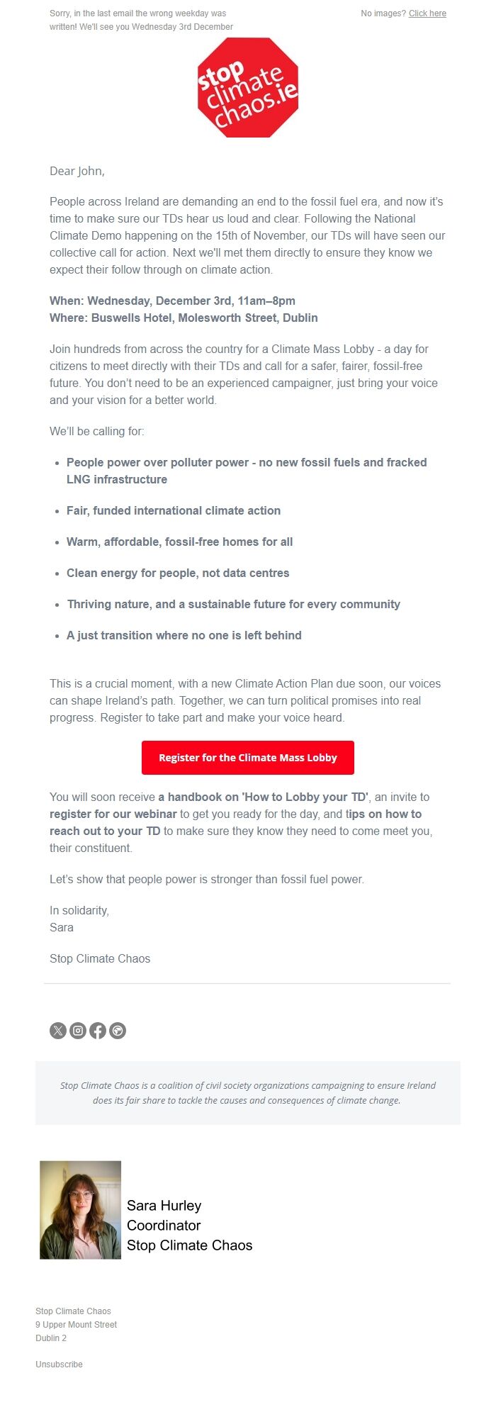 Screenshot of the email generated on import