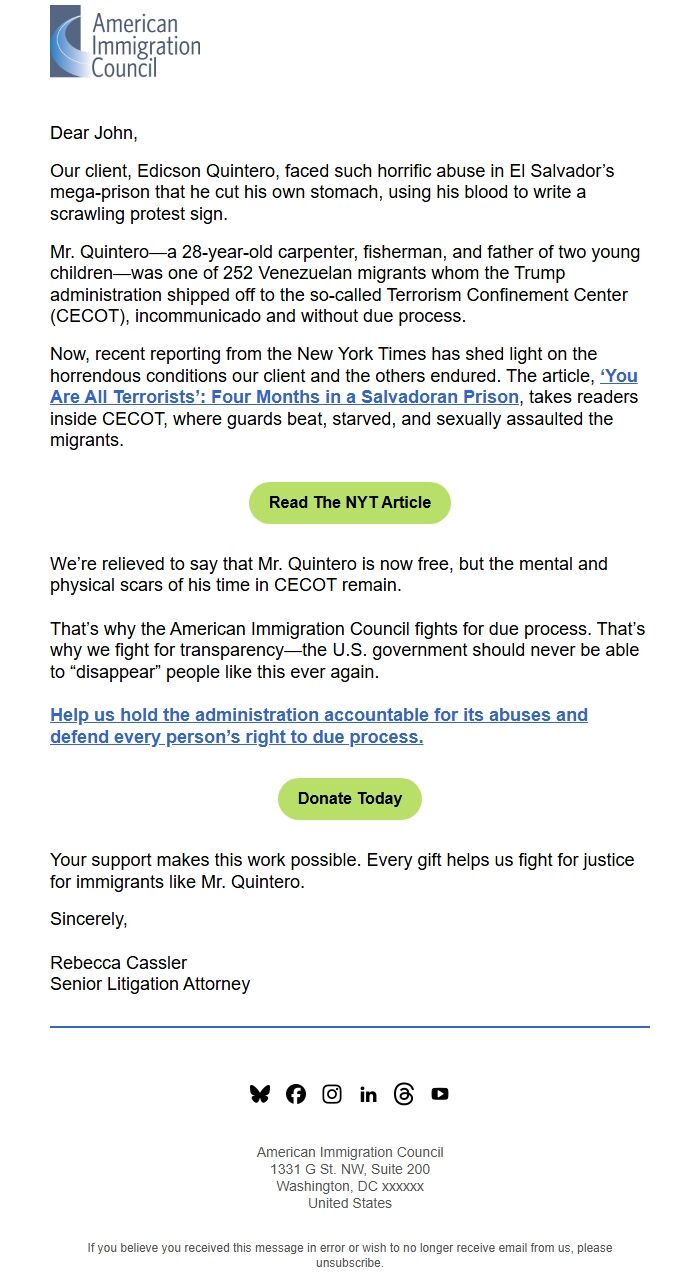 Screenshot of the email generated on import