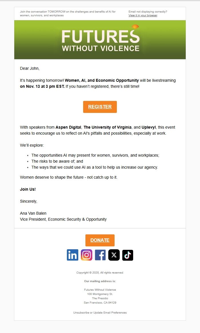 Screenshot of the email generated on import