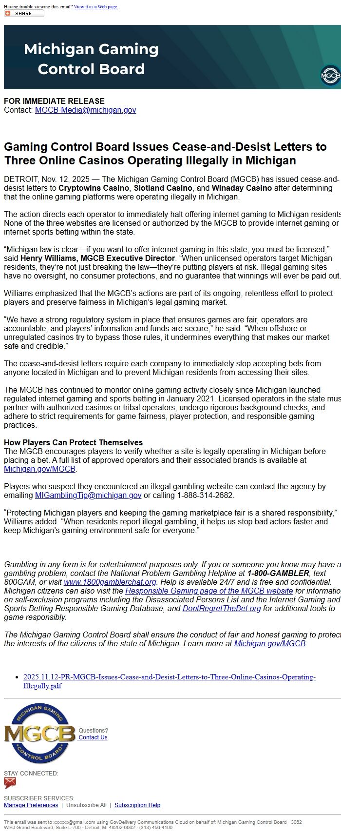 Screenshot of the email generated on import