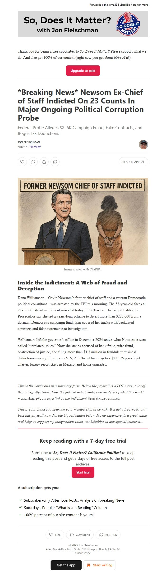 Screenshot of the email generated on import