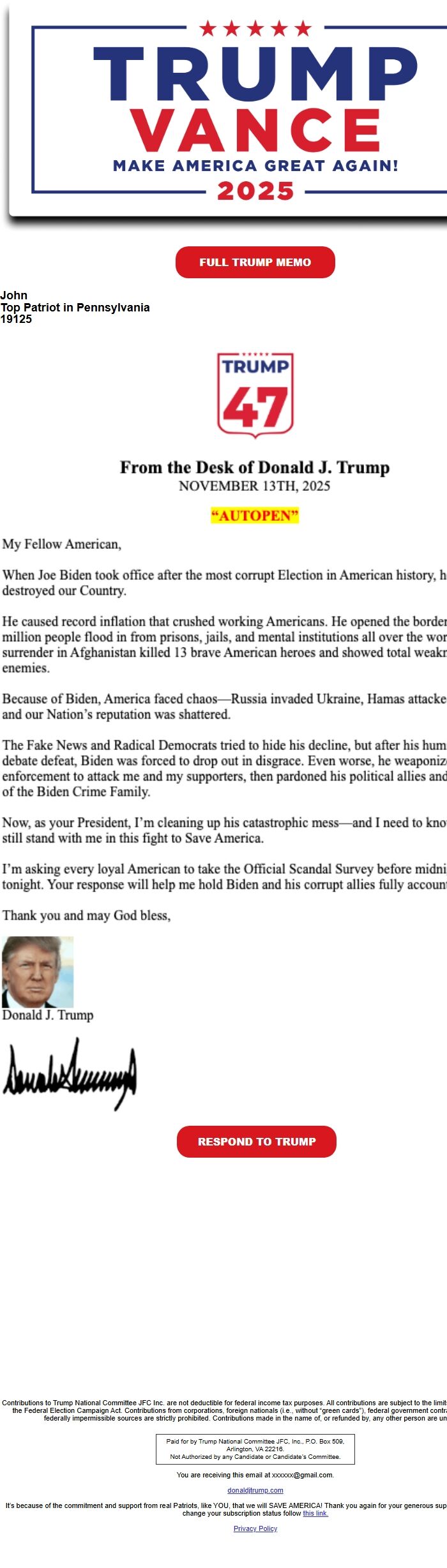 Screenshot of the email generated on import