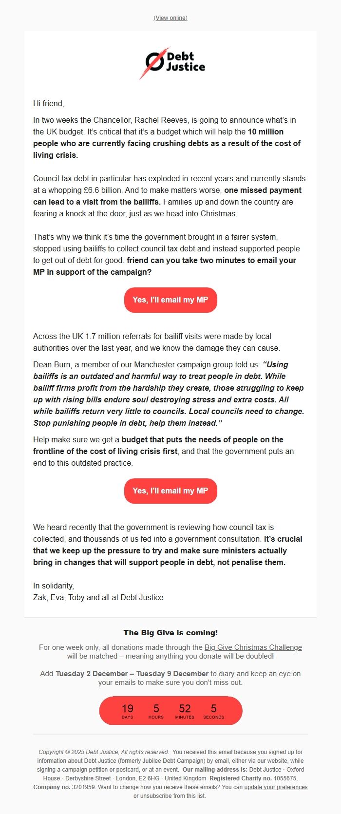 Screenshot of the email generated on import