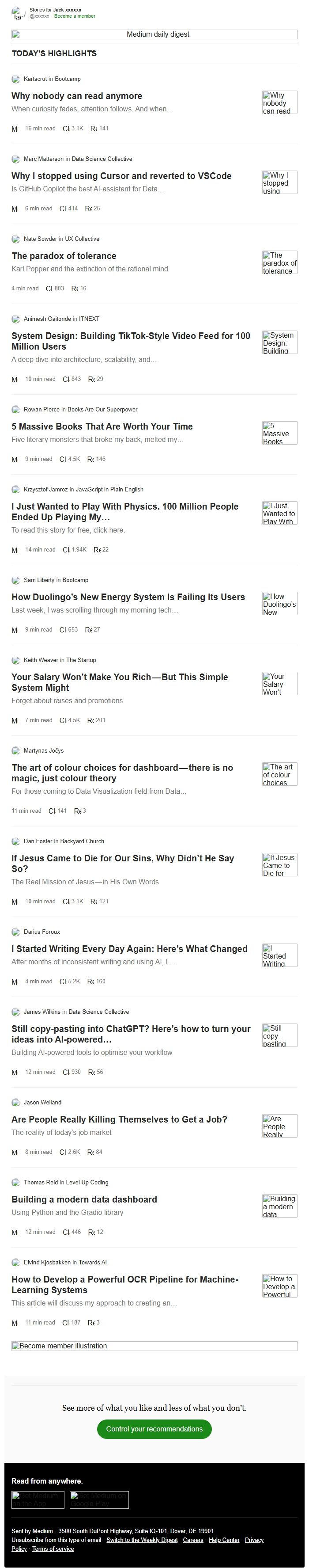 Screenshot of the email generated on import