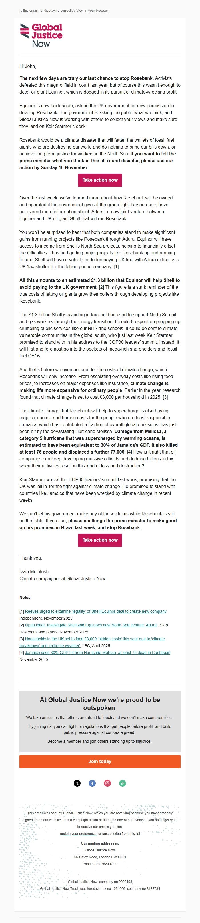 Screenshot of the email generated on import