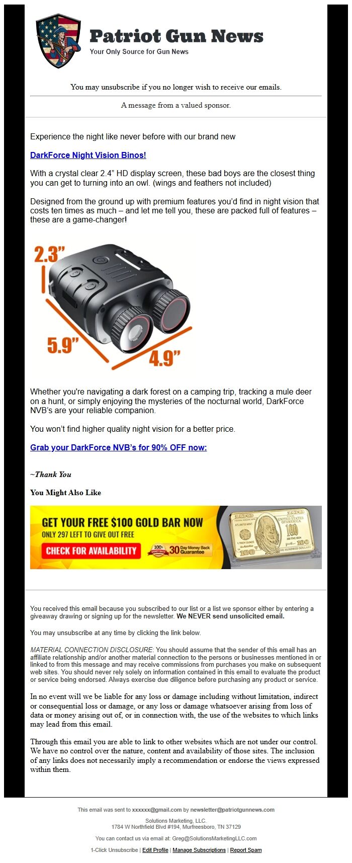 Screenshot of the email generated on import