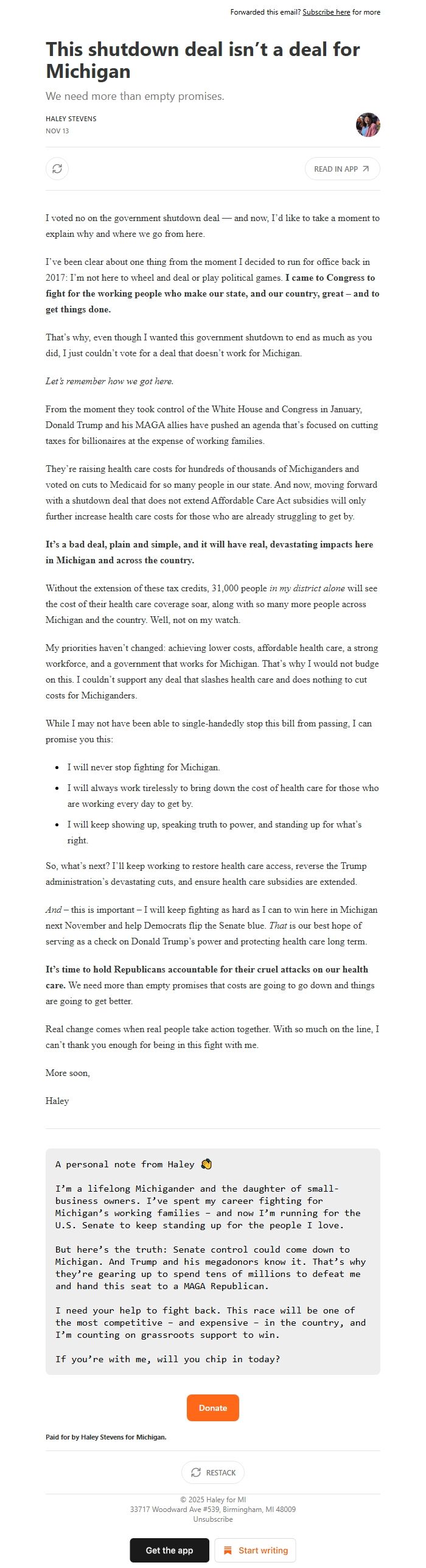 Screenshot of the email generated on import