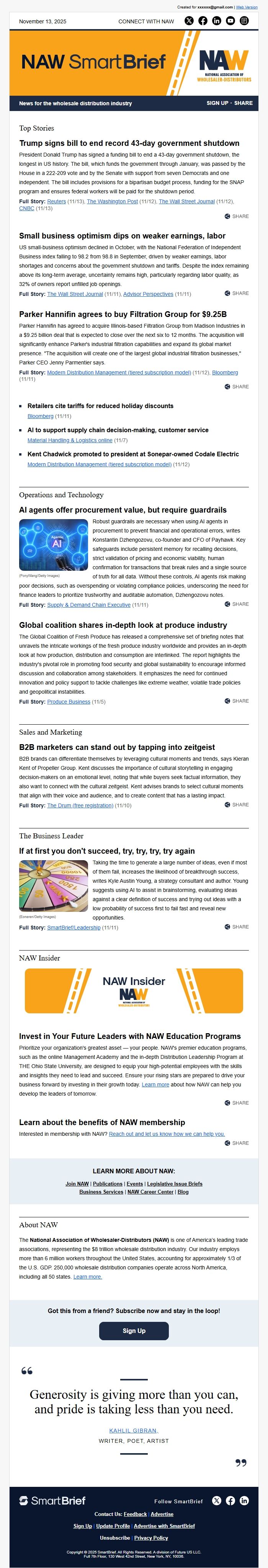 Screenshot of the email generated on import