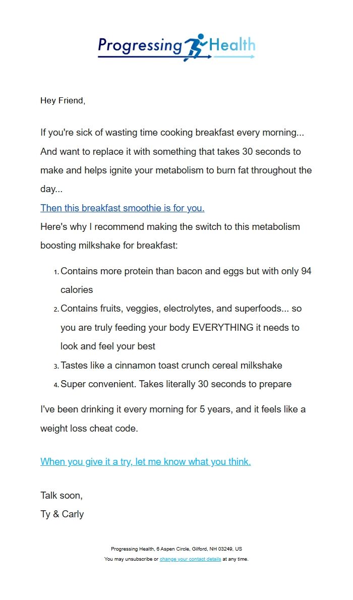 Screenshot of the email generated on import