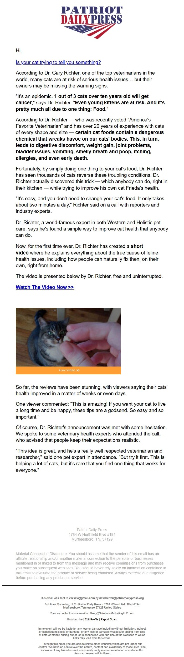 Screenshot of the email generated on import