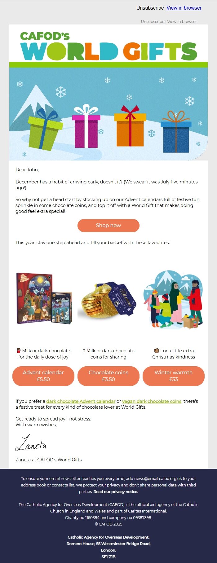 Screenshot of the email generated on import