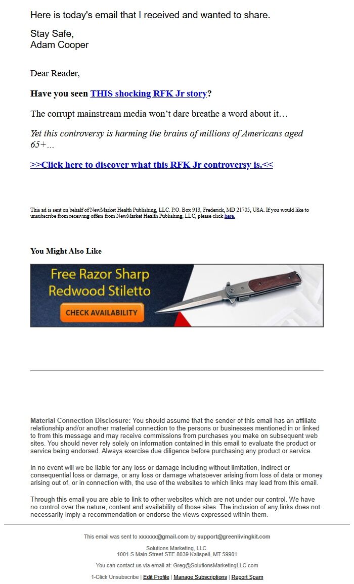 Screenshot of the email generated on import