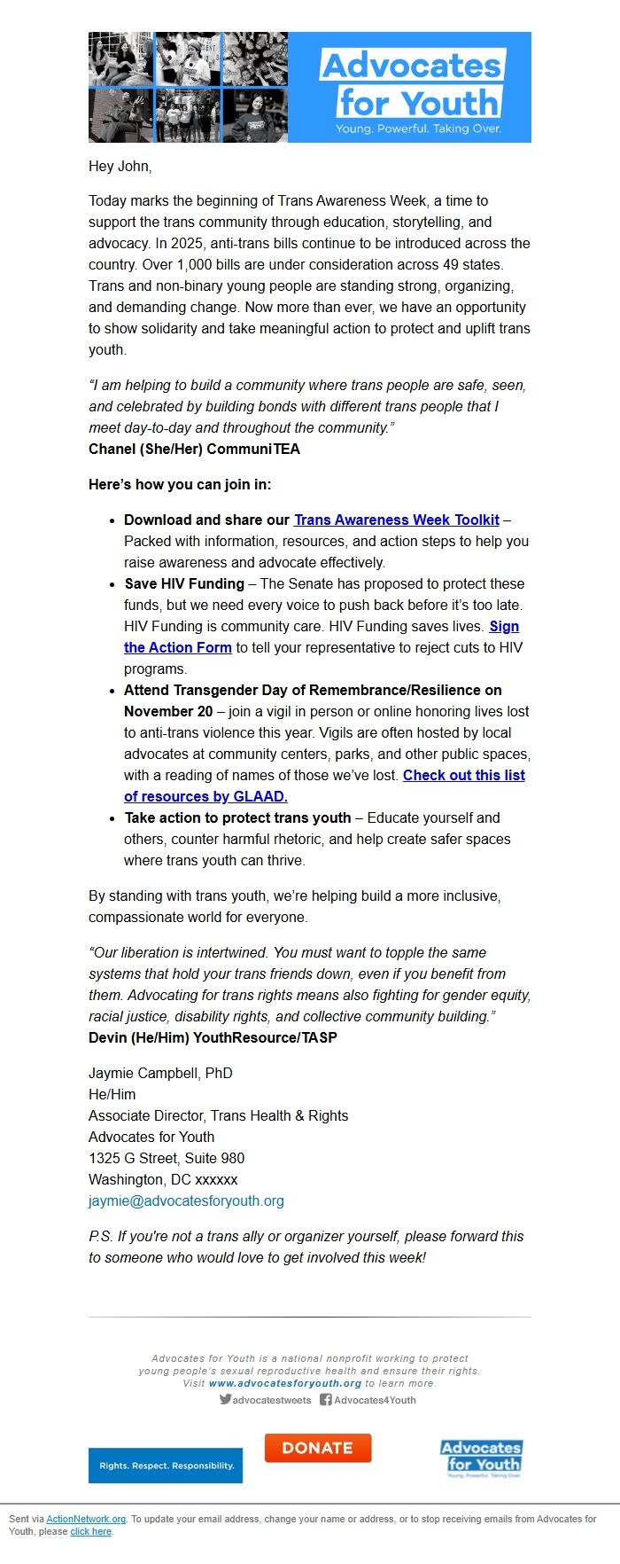 Screenshot of the email generated on import