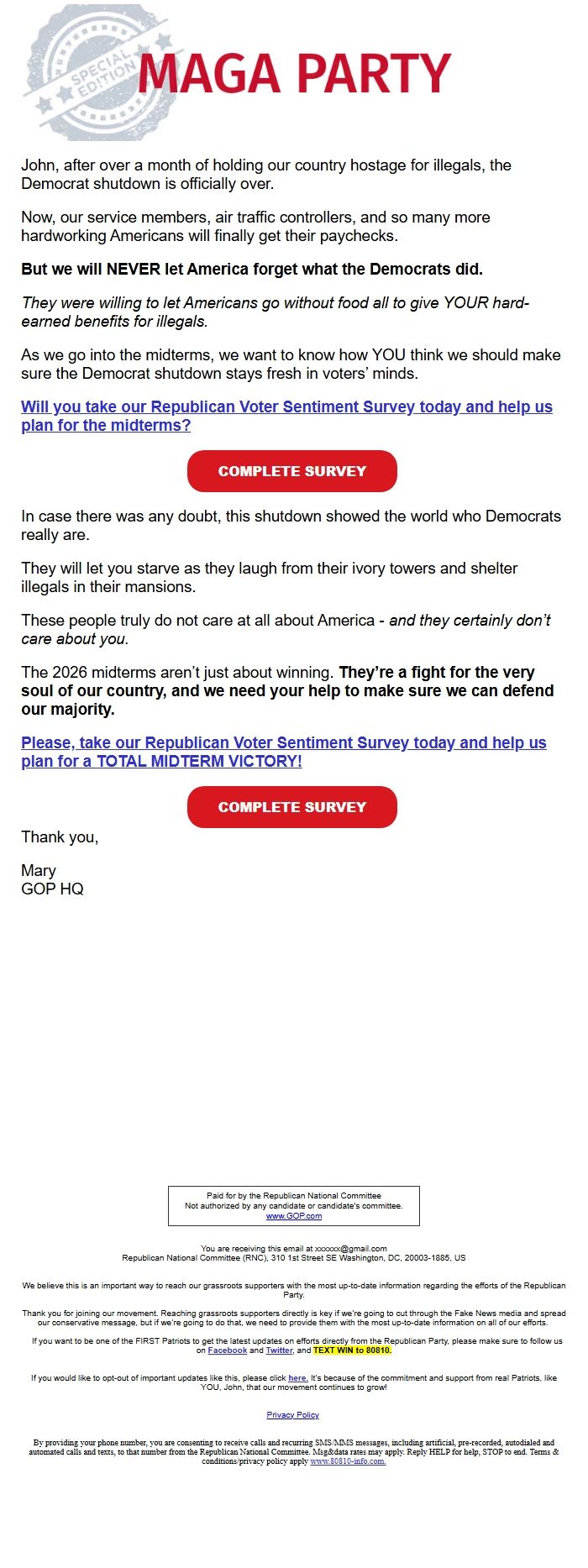 Screenshot of the email generated on import