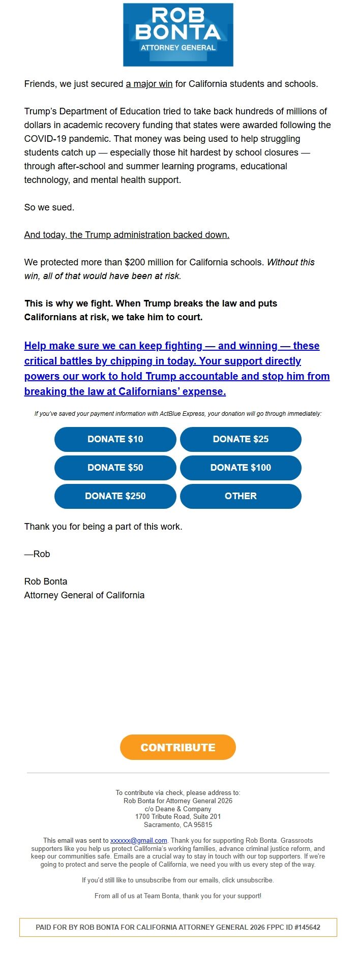 Screenshot of the email generated on import