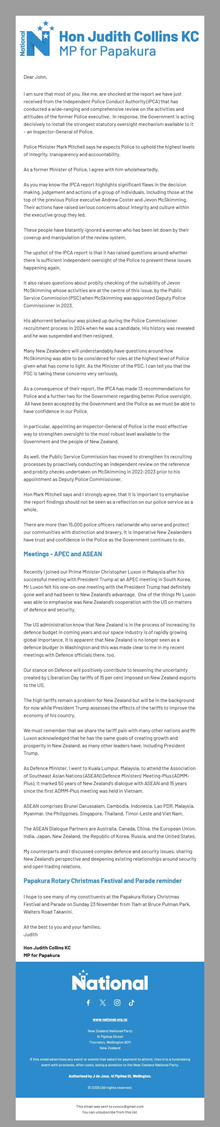 Screenshot of the email generated on import