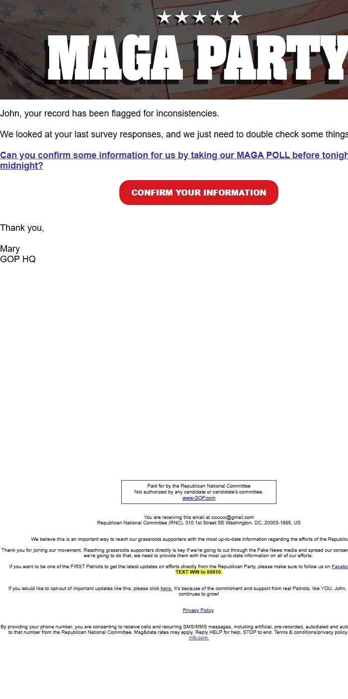 Screenshot of the email generated on import