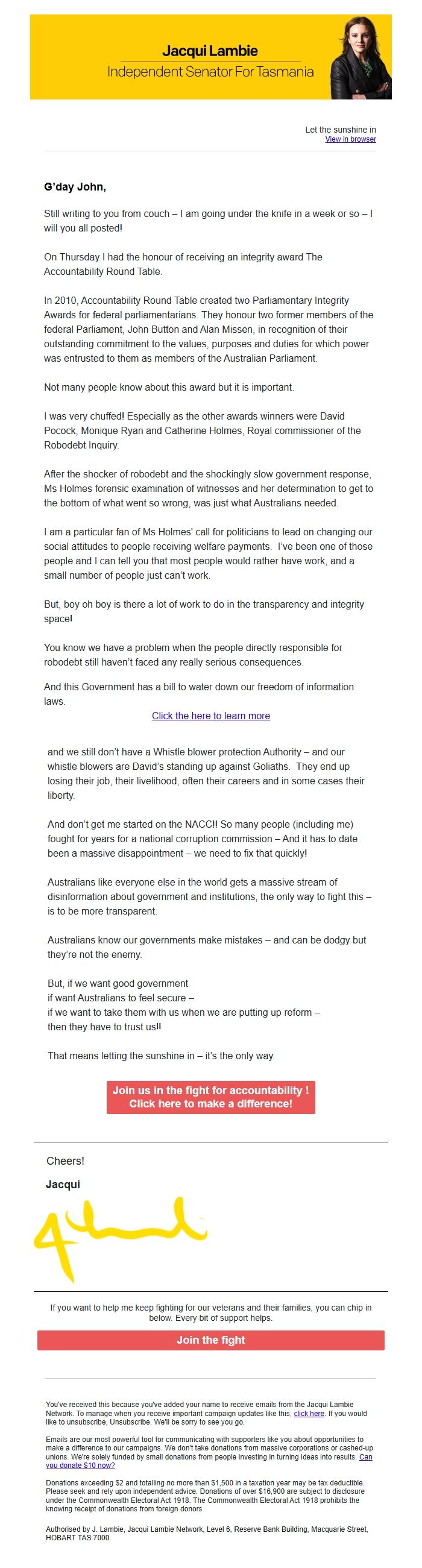 Screenshot of the email generated on import