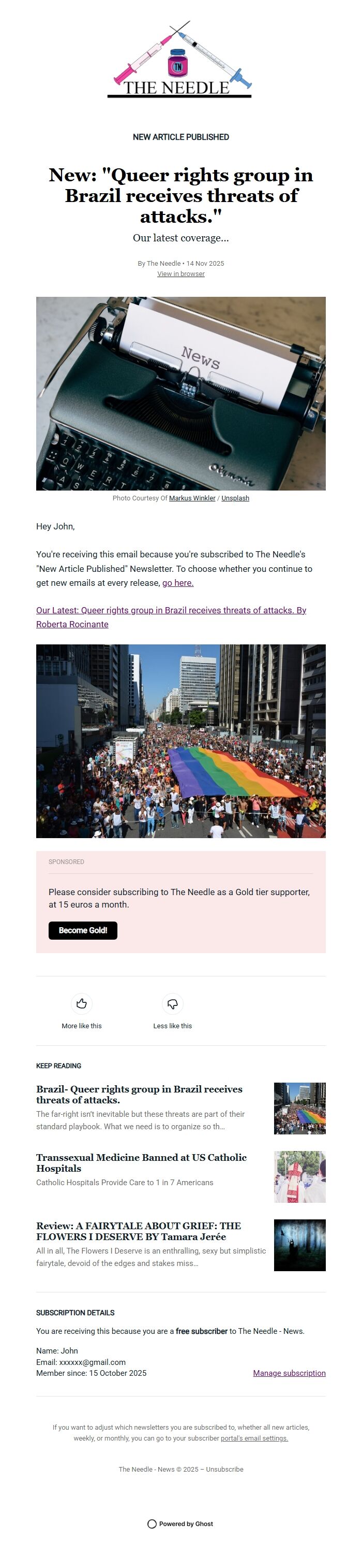 Screenshot of the email generated on import