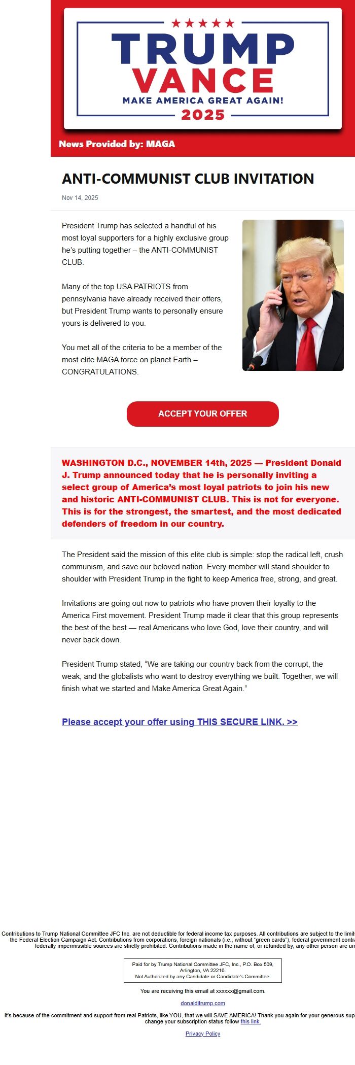 Screenshot of the email generated on import