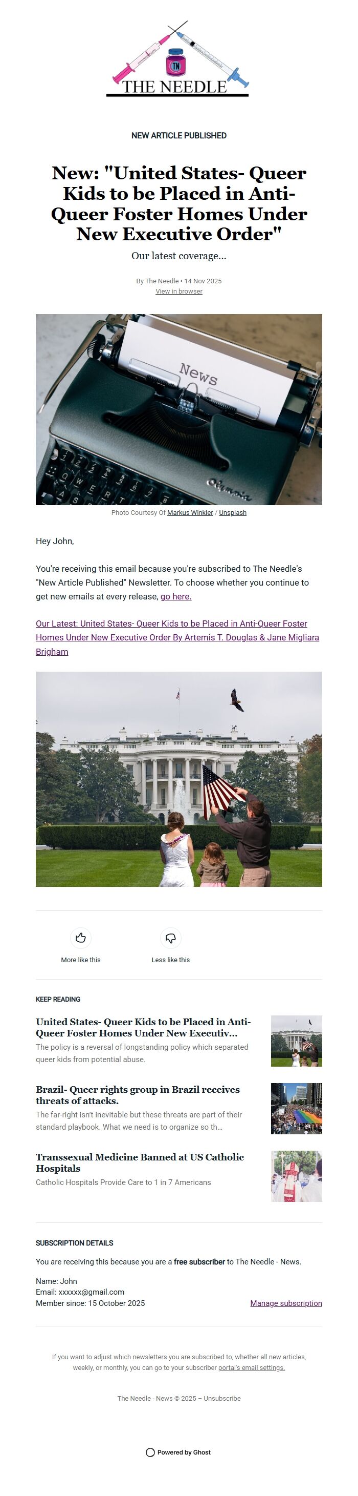 Screenshot of the email generated on import