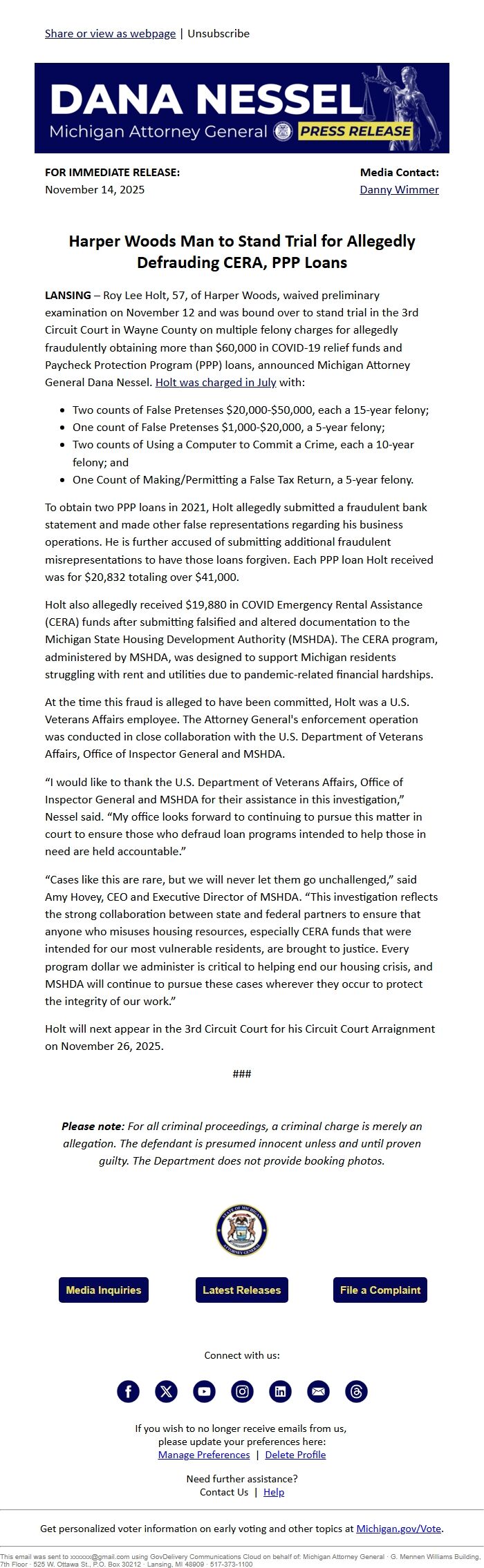 Screenshot of the email generated on import