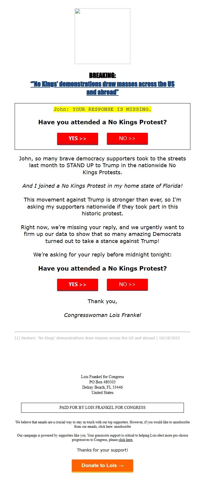 Screenshot of the email generated on import