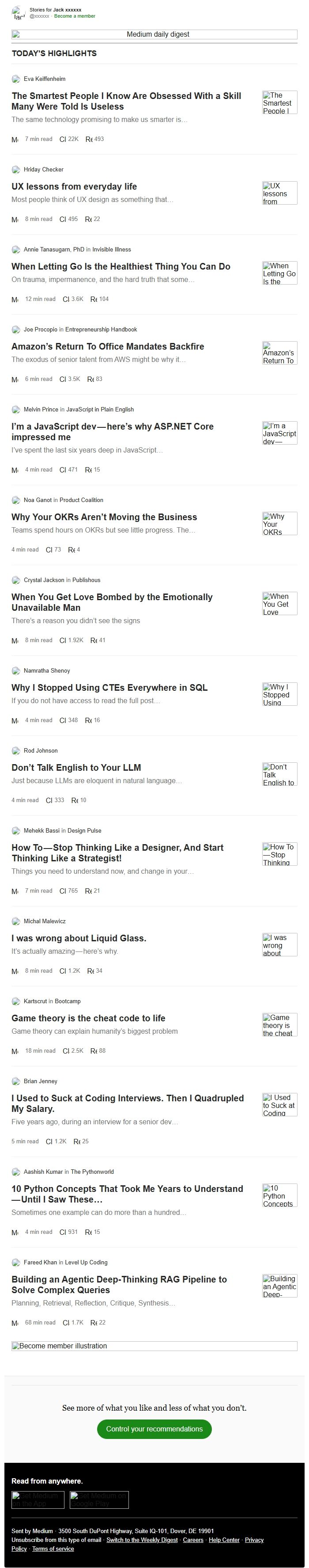 Screenshot of the email generated on import