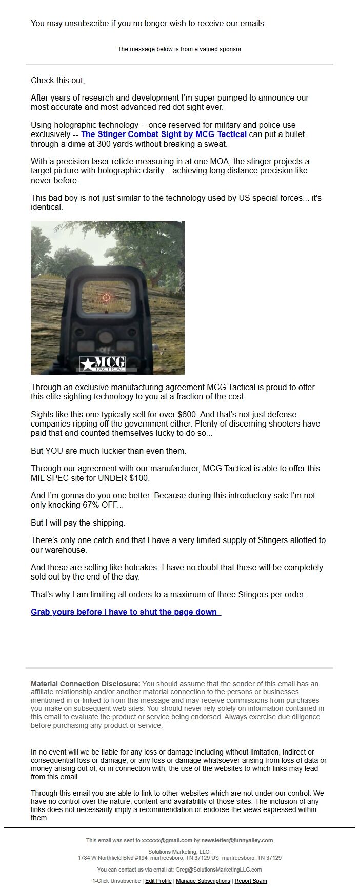 Screenshot of the email generated on import