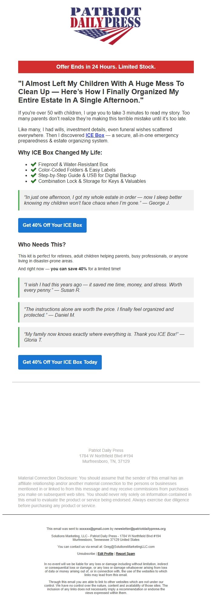 Screenshot of the email generated on import