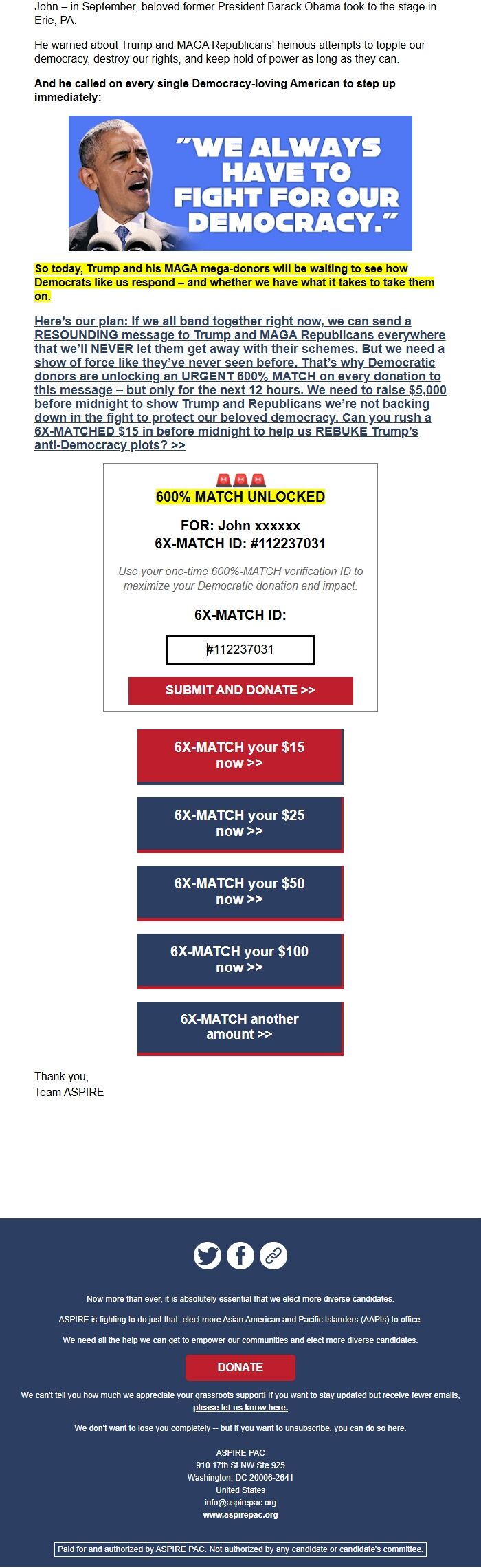 Screenshot of the email generated on import