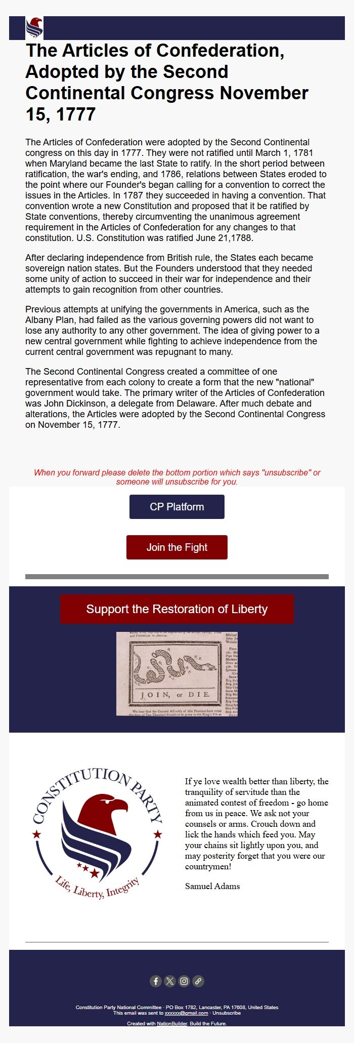 Screenshot of the email generated on import