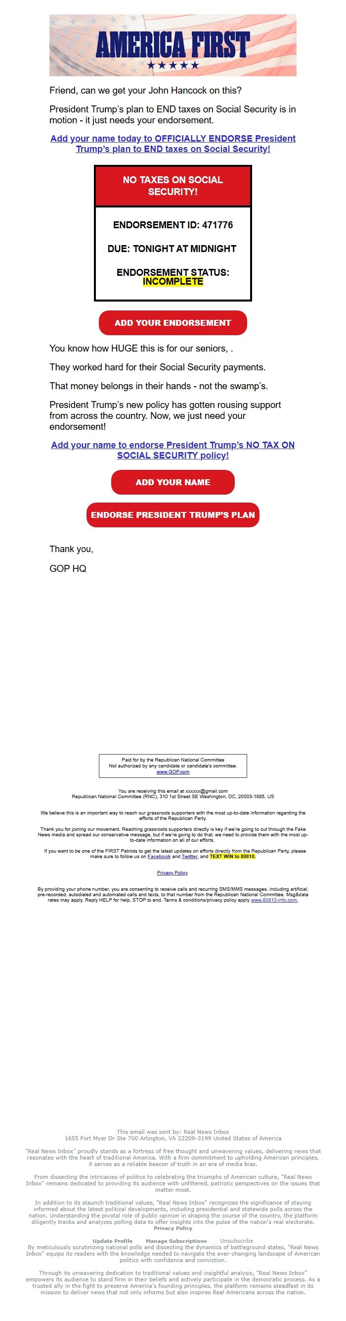 Screenshot of the email generated on import