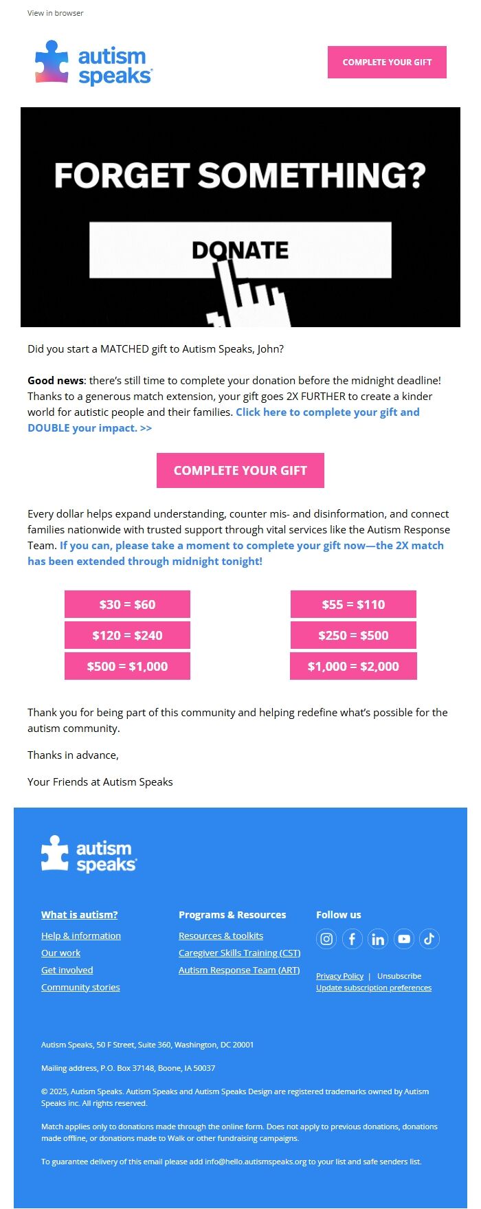 Screenshot of the email generated on import