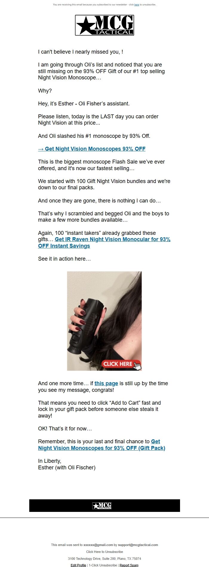 Screenshot of the email generated on import