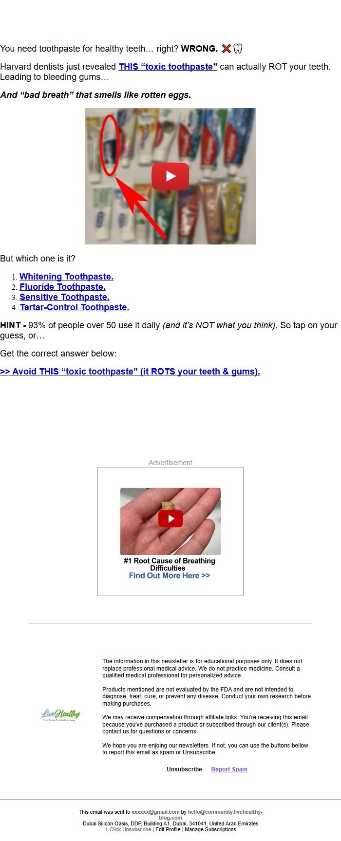 Screenshot of the email generated on import