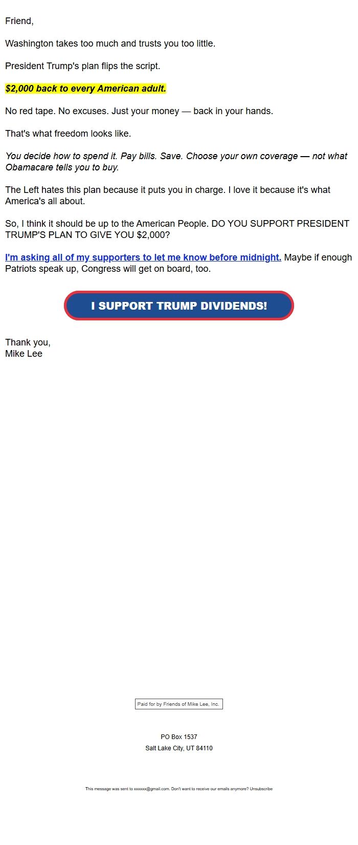 Screenshot of the email generated on import