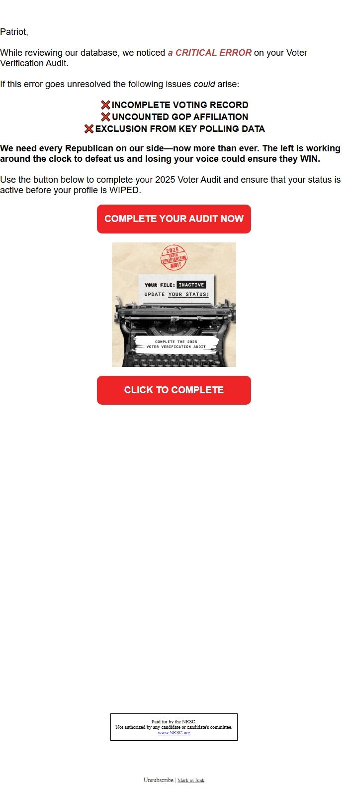 Screenshot of the email generated on import