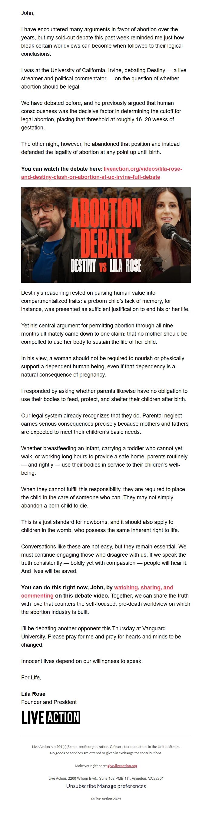 Screenshot of the email generated on import