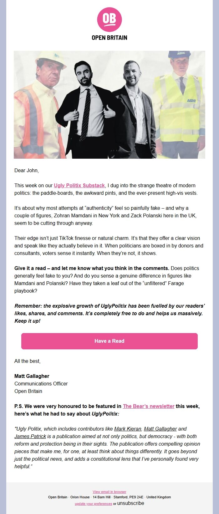 Screenshot of the email generated on import