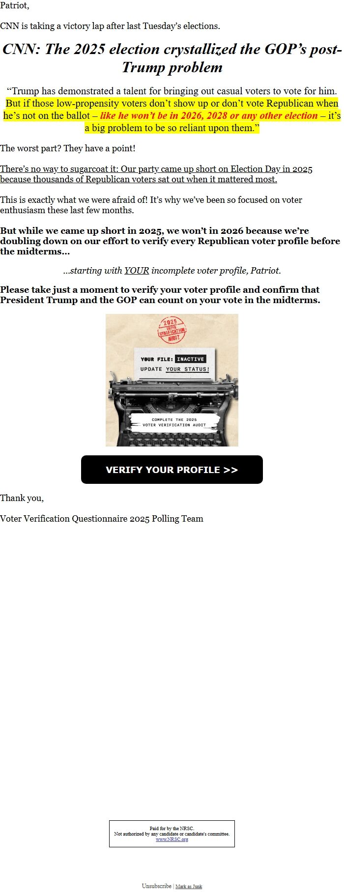 Screenshot of the email generated on import