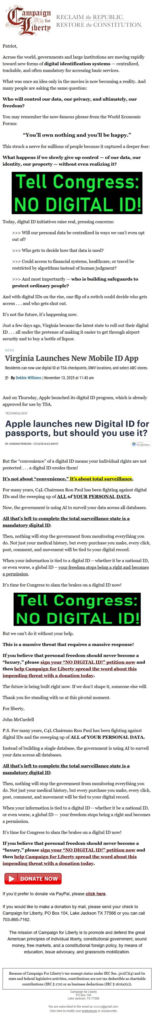 Screenshot of the email generated on import