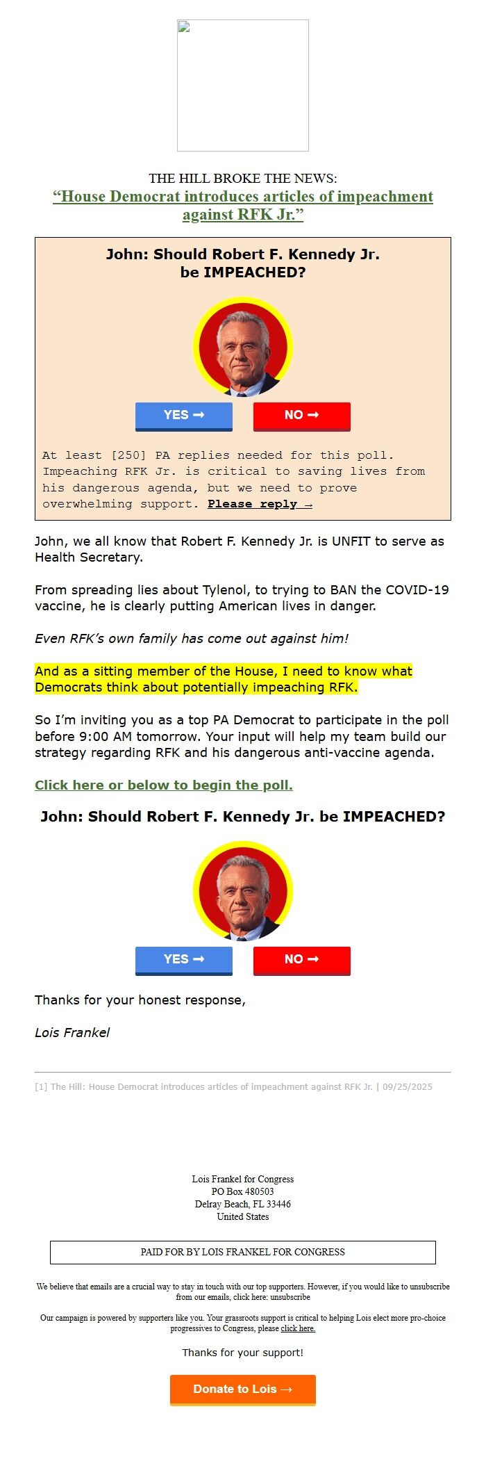 Screenshot of the email generated on import