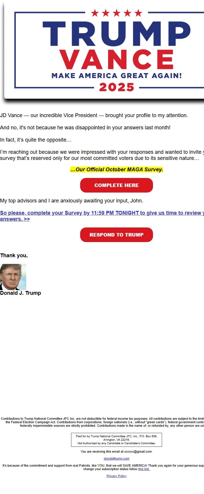 Screenshot of the email generated on import
