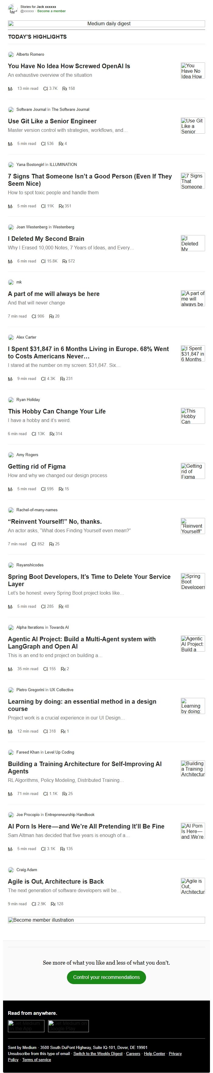 Screenshot of the email generated on import