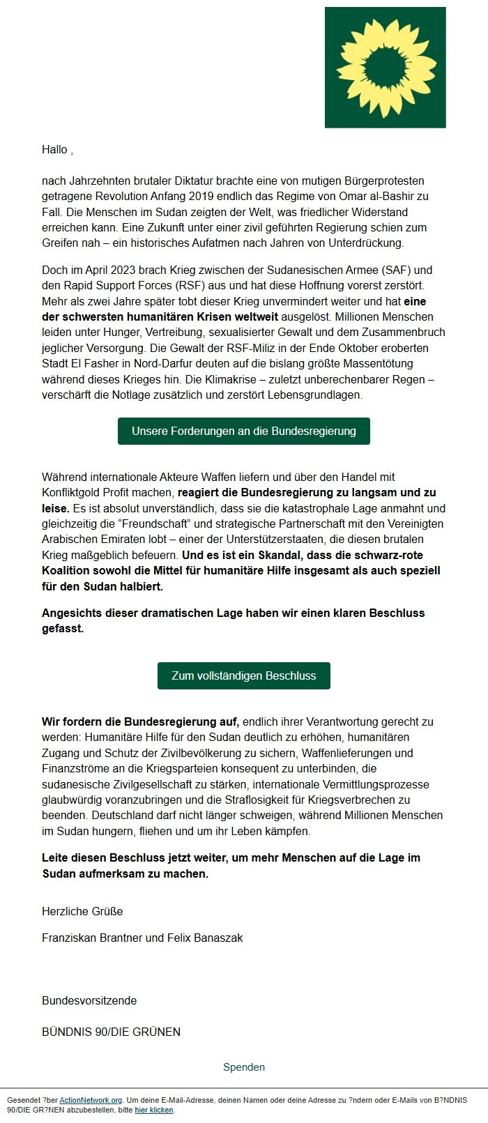 Screenshot of the email generated on import