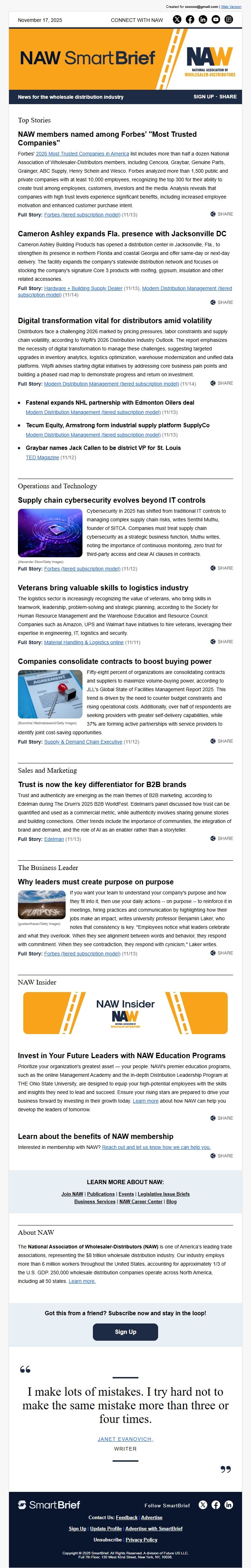 Screenshot of the email generated on import