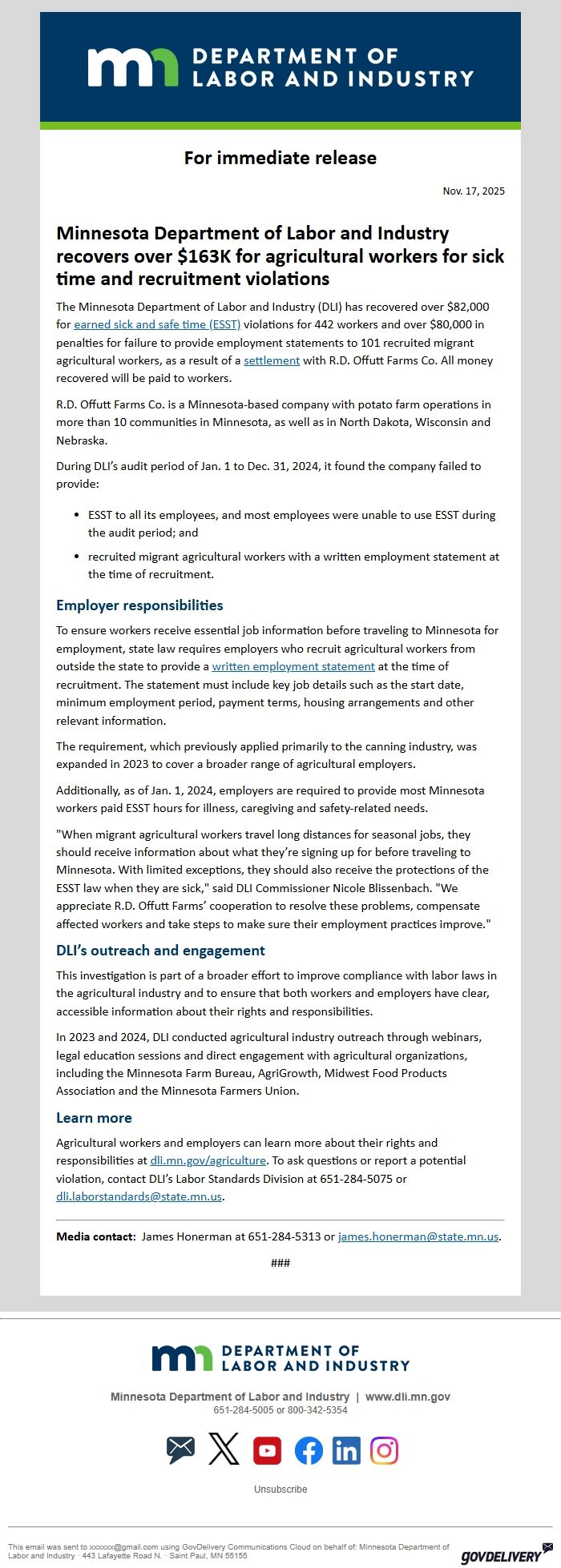 Screenshot of the email generated on import